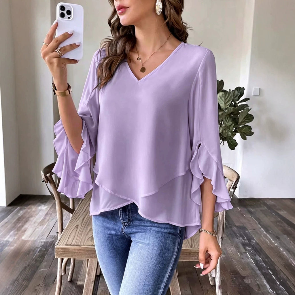 Top femme à col V avec manches volantes