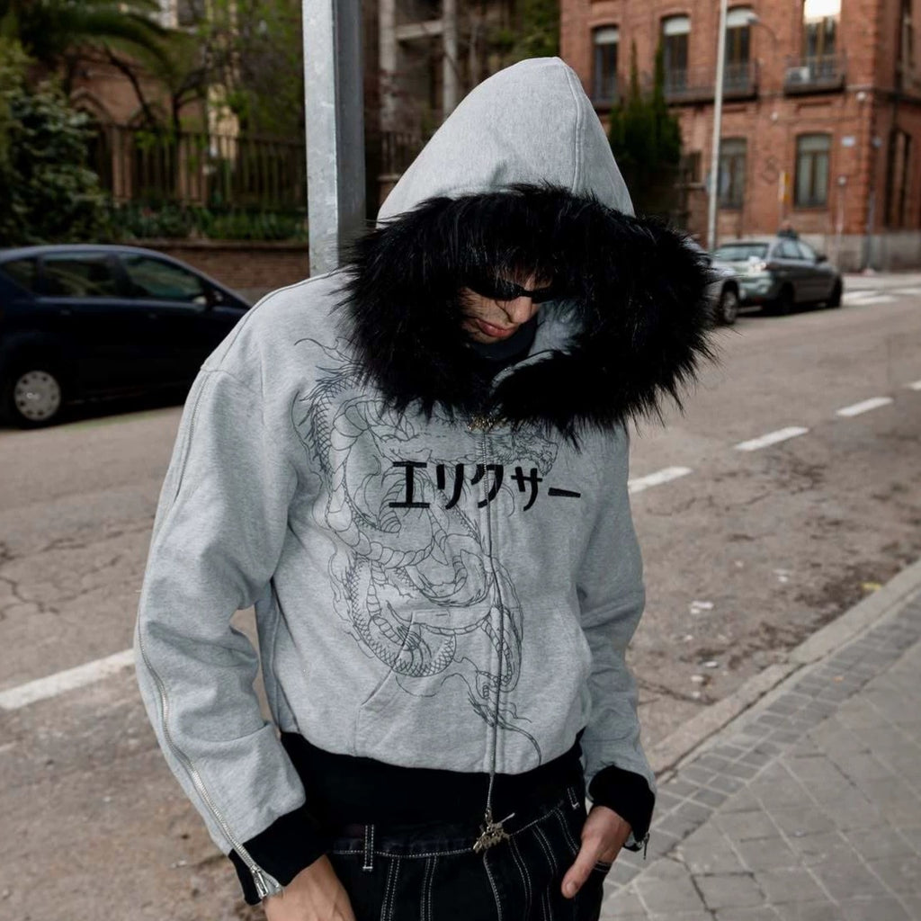 Sweatshirt imprimé à capuche à capuchon en collier de fourrure pour homme