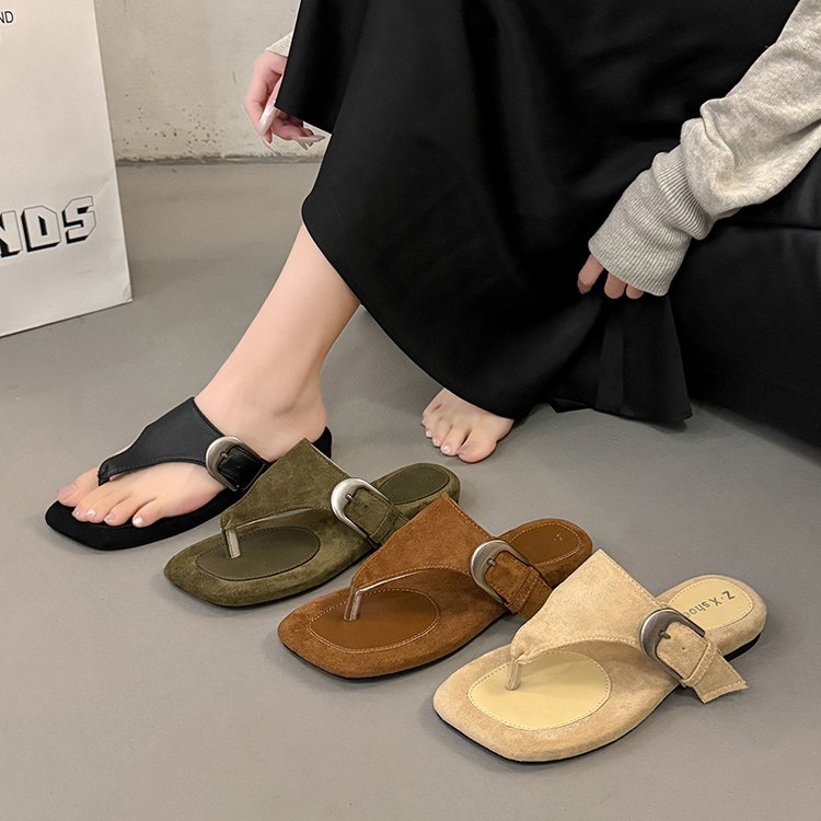 Women's Square Toe Suede Thong Flip Mules
