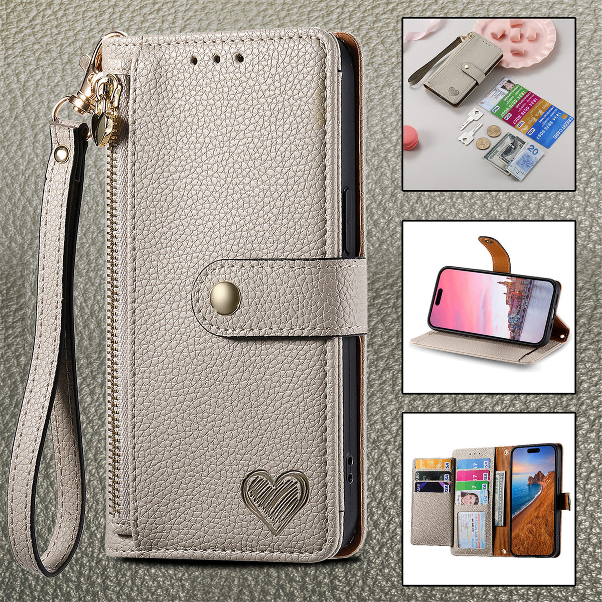 Love Sleeve PU Litchi Motif RFID antivol Lanyard Coque téléphonique