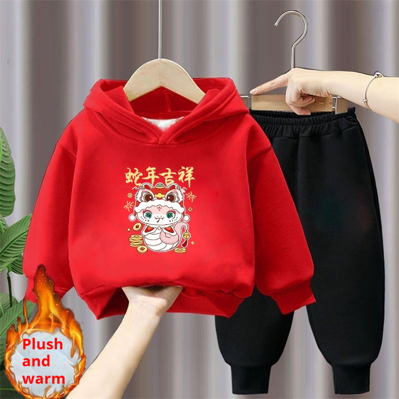 Ensemble de deux pièces à capuche et à sweatpants rouge festifs de style chinois doublé de polaire