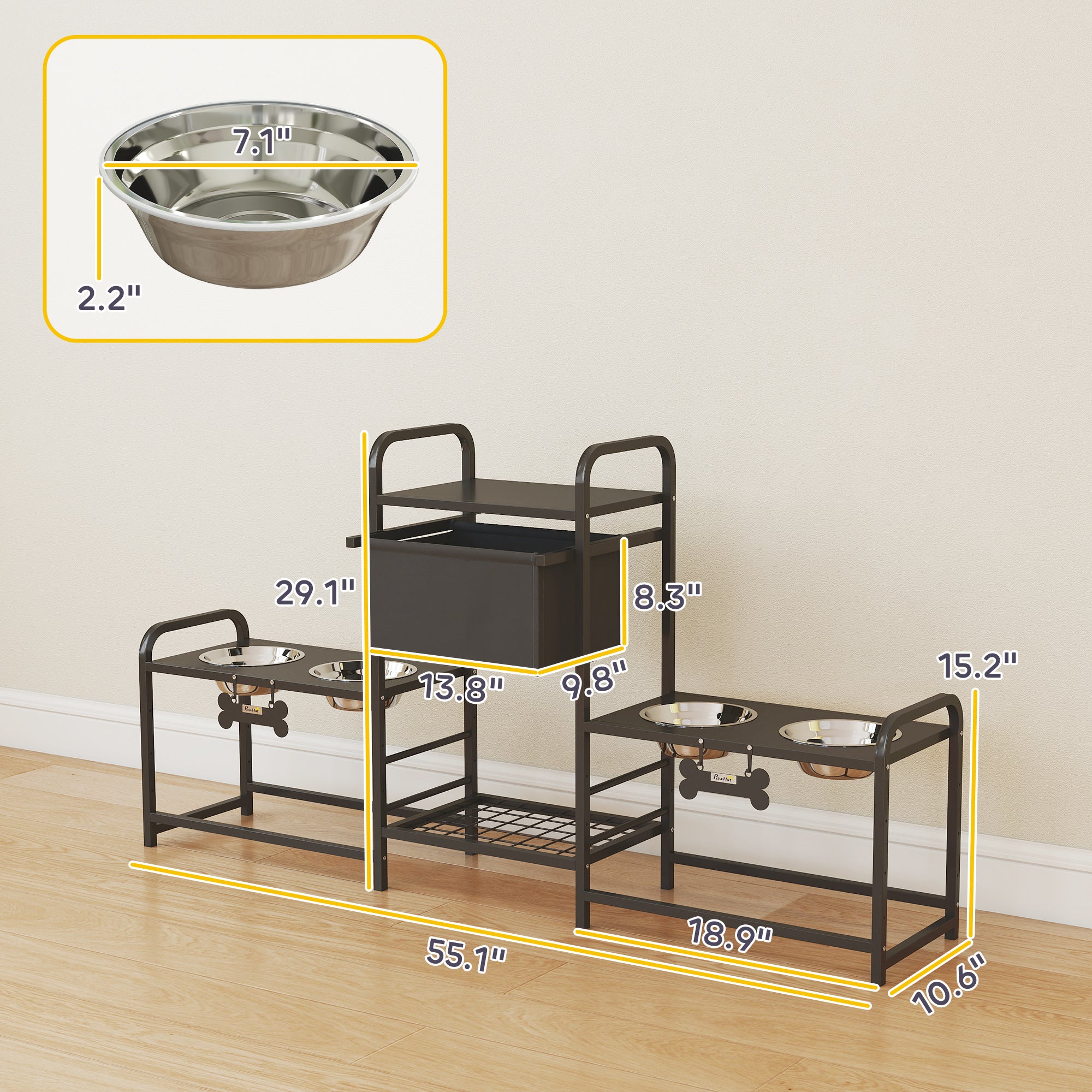 3 hauteur réglable chien Bowl Stand avec 2 stations d'alimentation