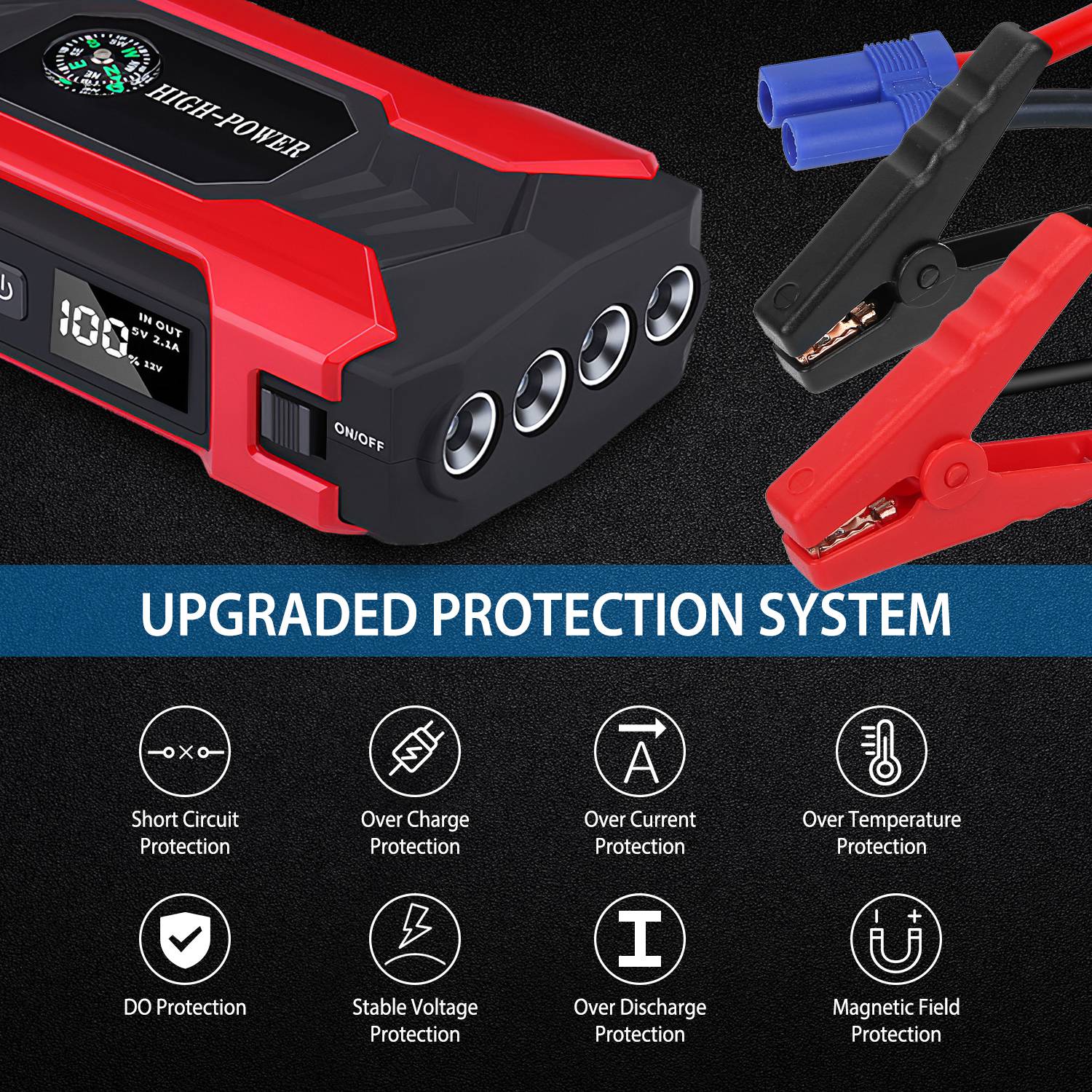 Auto Jump Starter Booster 800A Peak 28000mAh 12V Chargeur de batterie jusqu'à 6,0L Gaz ou 3,0L Die