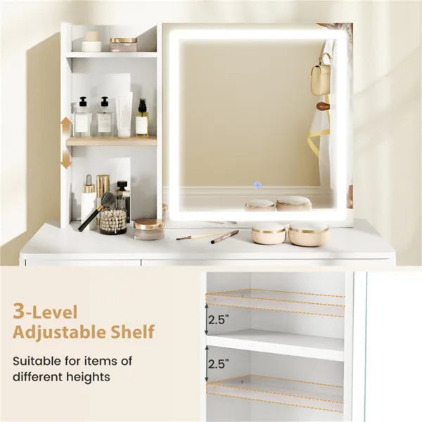 Blanc Vanity bureau et tabouret ensemble avec miroir coulissant et 3-mode LED bande de lumière