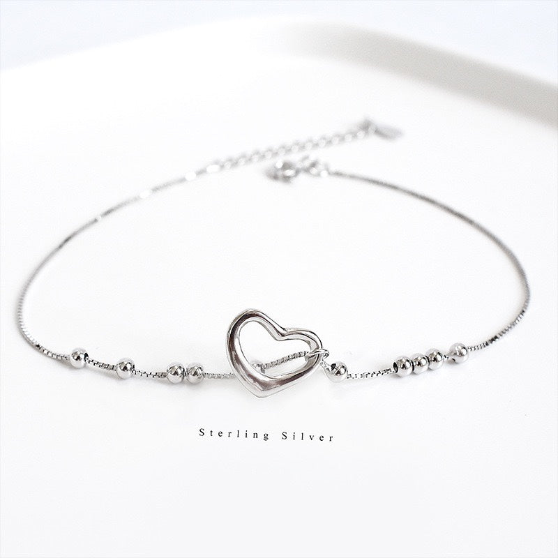 1pcs 999 Sterling Silver Box Chaîne Hollow Heart Perled Ajustable Anklet