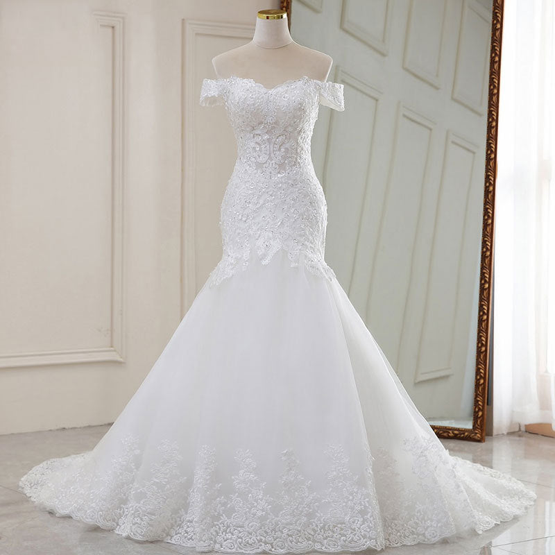 Haute taille Blanc Tempérament Dream Dentelle Mid-waist Long Tail Robe de mariage col V