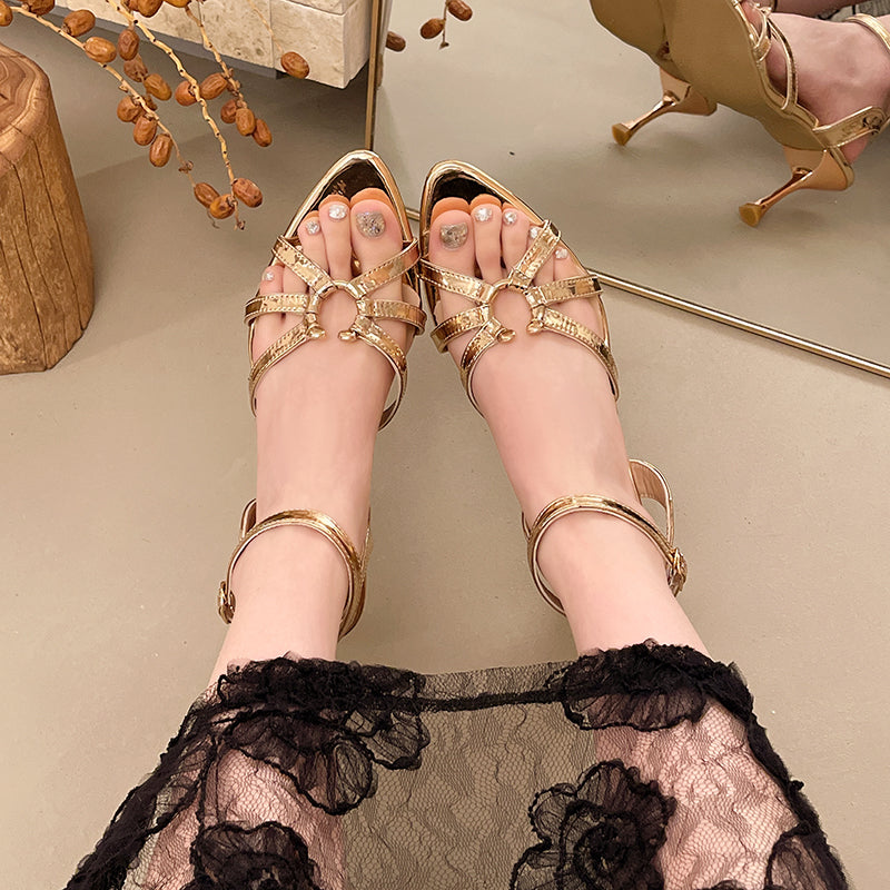 Femmes Miroir métallique Cuir Stiletto Talon Sandales