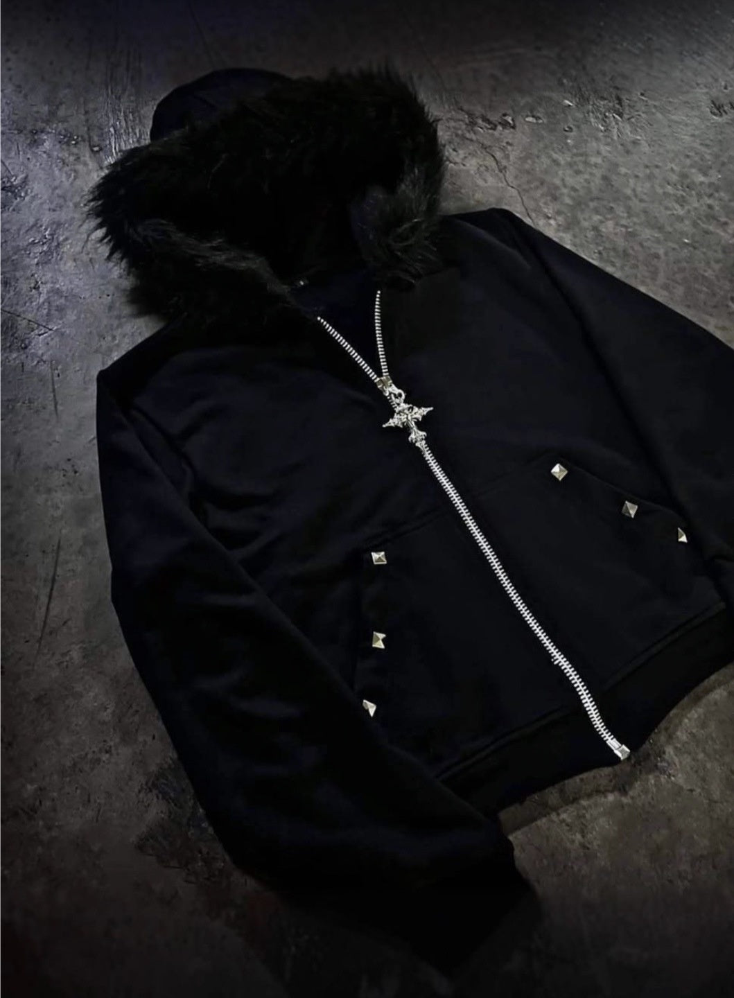 Letter-print Strass-Studed à capuche Loose-fit Zip-up Coat Pour Fallwinter Hip-hop Style