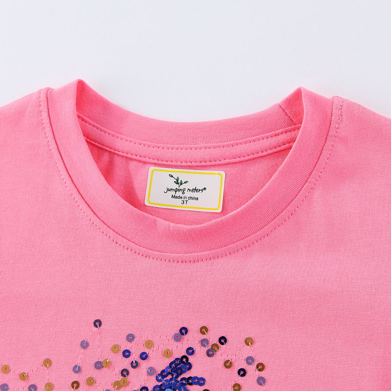 Tee-shirt à manches courtes pour filles à cinq points de paille brodé