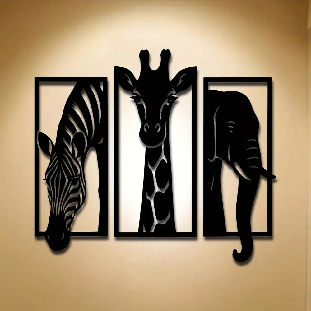 CIFbuy Metal Baked Paint African Animal 3-Piece Wall Art Set Zebra Giraffe Elephant Home D