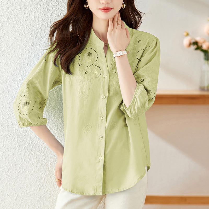 Blouse blanche à col V Manches à trois quarts Arrivée Coton pur
