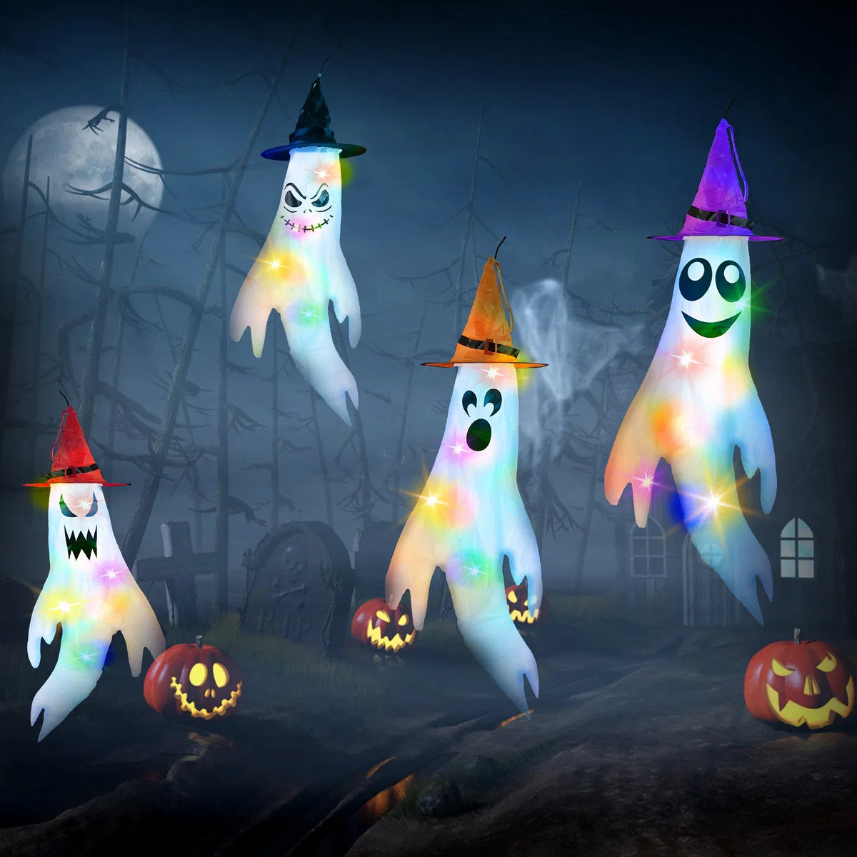 Ensemble de décoration suspendu d'Halloween - 4 éoliennes fantômes