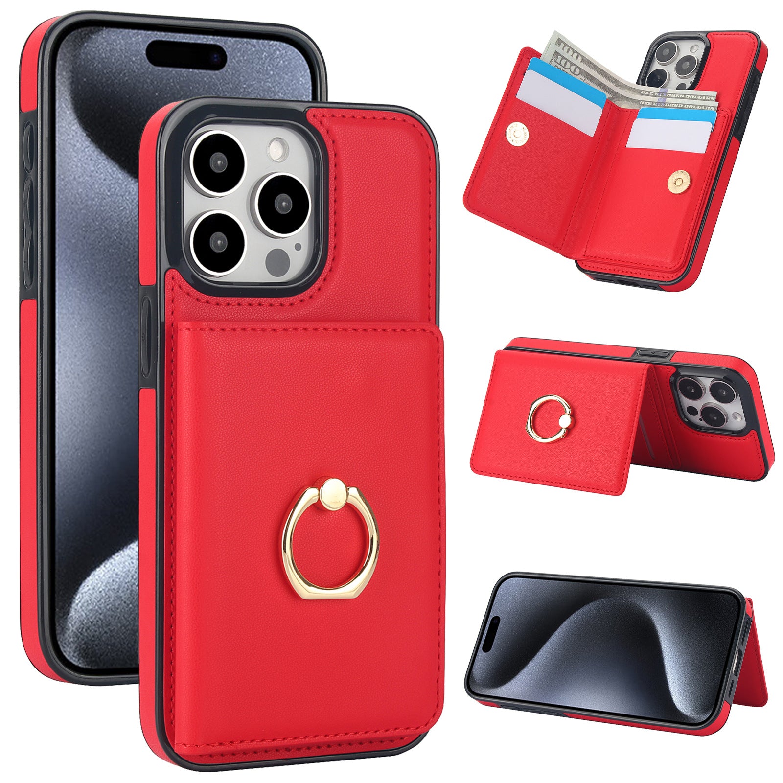 Coque téléphonique avec un support de carte Flip adapté à l'utilisation avec un support de bague