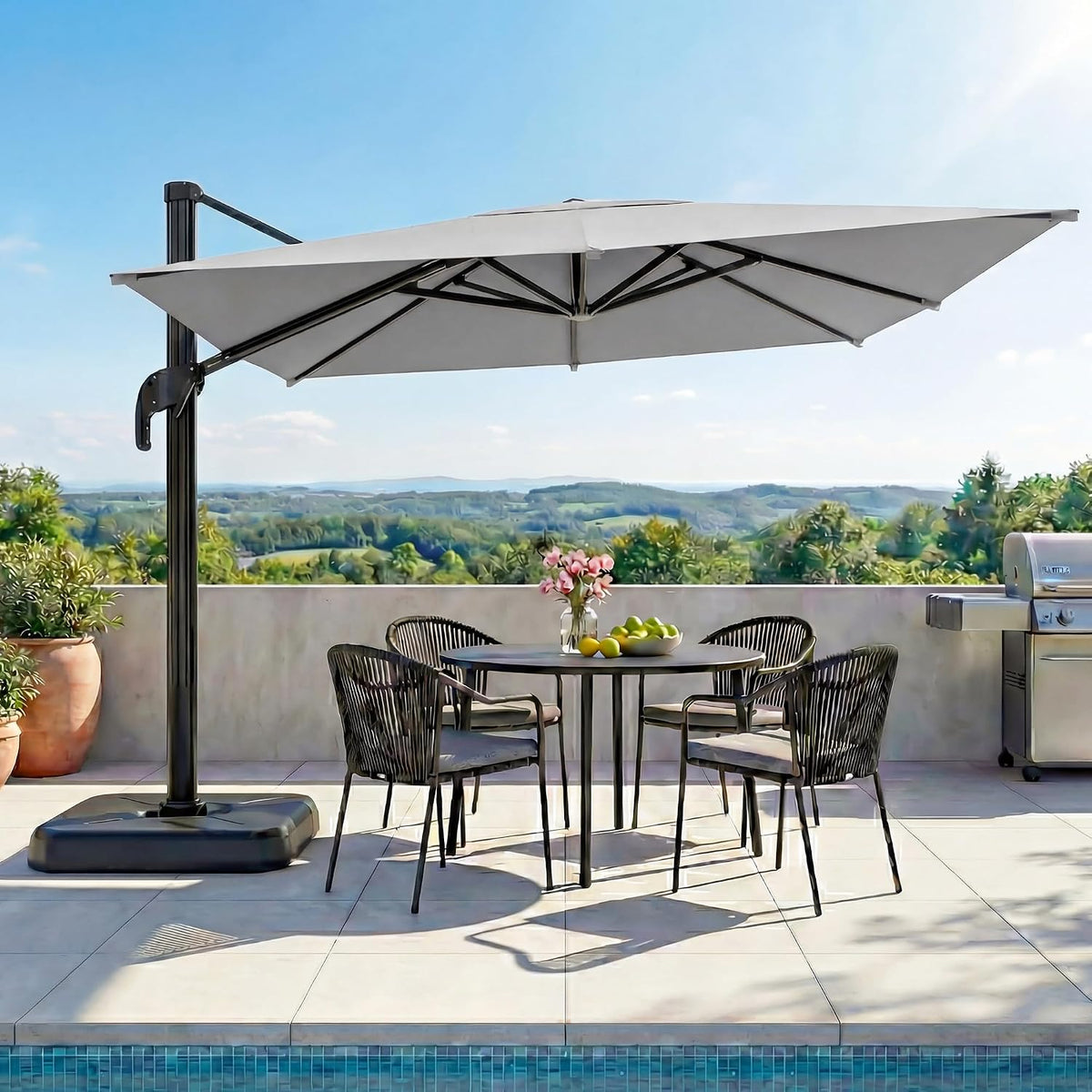 11' X 11' Ft Cantilever Parapluie de patio 360 Rotation Système de tilting intégré Offset Umbre