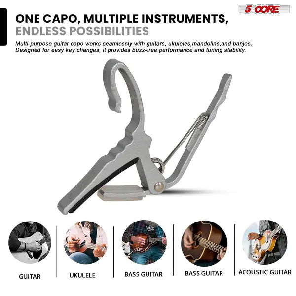 5 Core Capo Acoustic Electric Guitar String Clip Banjo Mandolin or Ukulele + 6Pcs Guitar Pi