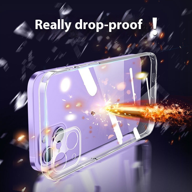 Boîtier de téléphone transparent en verre à trou fin résistant à la chute