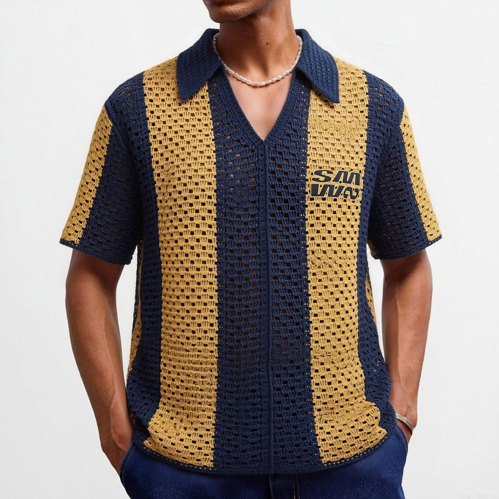 Retro Color-block Hollow-out manches courtes tricot haut respirant