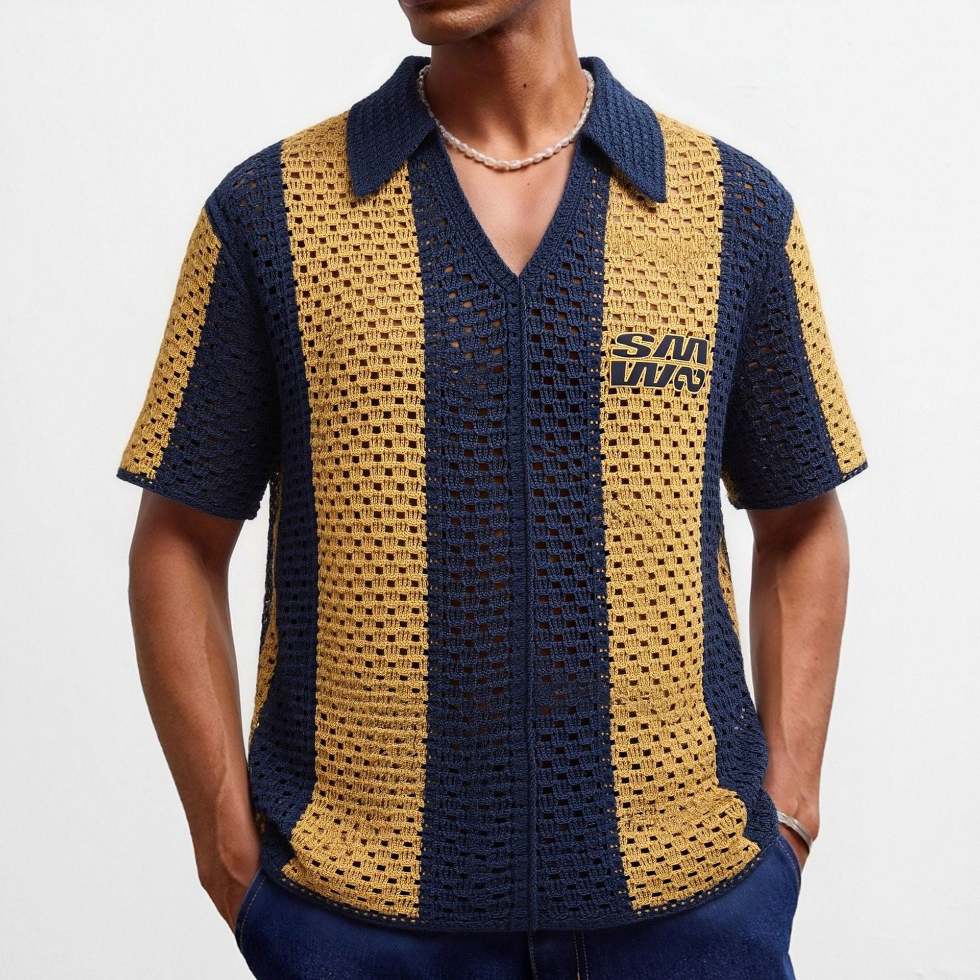 Retro Color-block Hollow-out manches courtes tricot haut respirant
