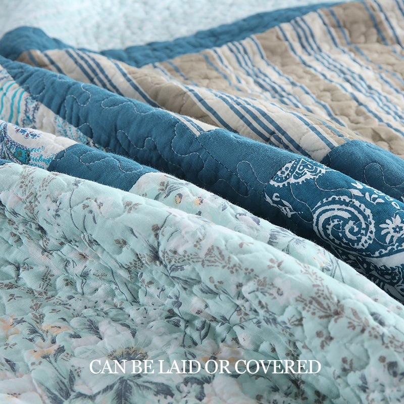 90x98 & 98x106 3 pièces Teal Blue Patchwork Comforter Set Paisley Floral Stripe Print