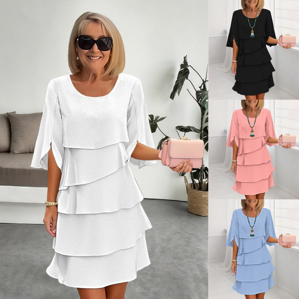 Printemps Été Mode Solide Couleur Col rond Robe éclaboussée à plusieurs niveaux pour les femmes