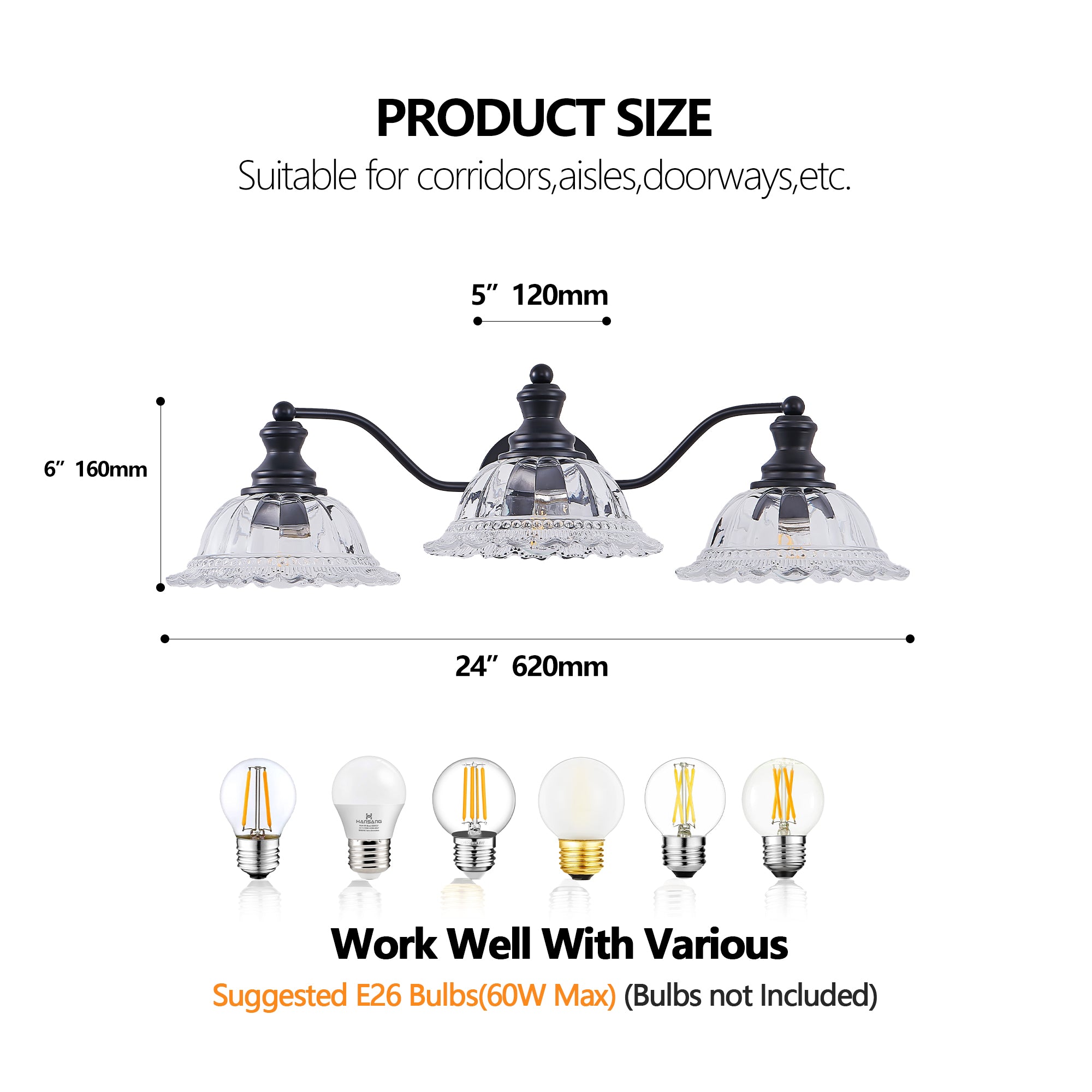 24 pouces 3-Light Vintage salle de bain mur sconce élégant noir métal et verre abat-jour Vanit
