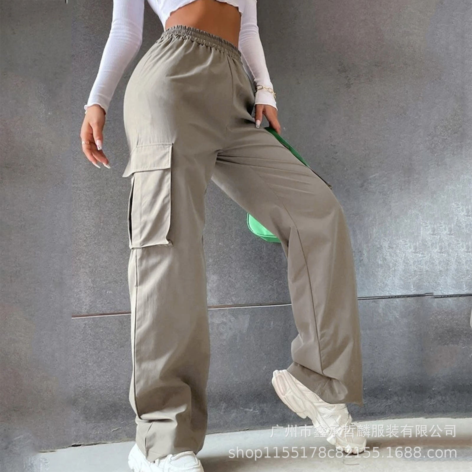 Haute taille large jambe droite jambe libre extérieur Casual Multi Pocket vêtements de travail pantalons