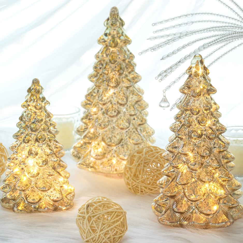 Figurine d'arbre de Noël en verre éclairé avec minuterie de 3 décorati de Noël en verre de mercure