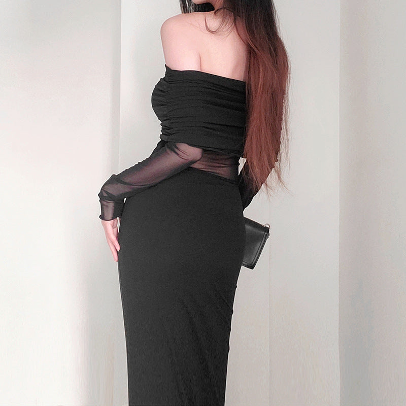 Robe de polyester à manches longues plissées pour femmes en hiver sexy