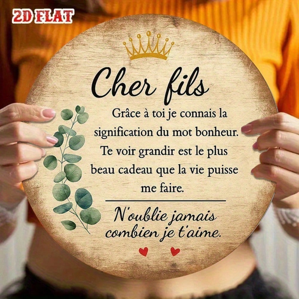 Cher fils Français rond aluminium panneau 8x8in Vintage Wall Art