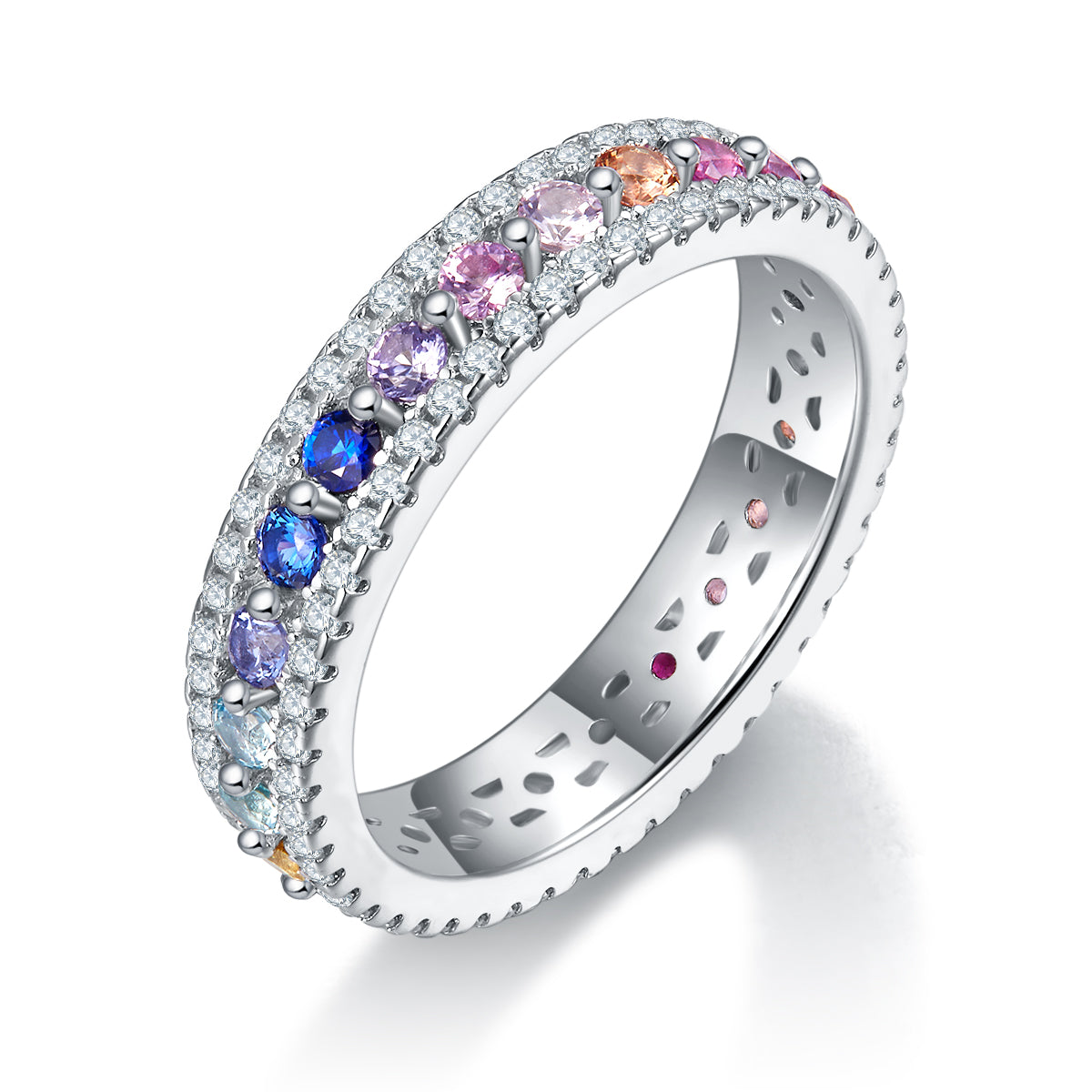 S925 Argent Sterling Rainbow Lab-Grown Gemstone Anneau d'éternité Pave Moissanite États-Unis Taille 5-9