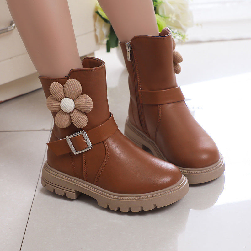 British Style Soft Bottom Western Style Fleurs Bottes en cuir de filles