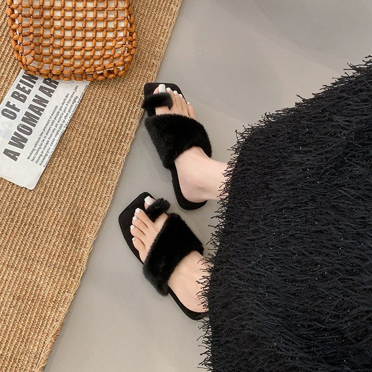Femmes Carré orteil Croix Bande de fourrure Diapositive Léopard Imprimer Faux Fur Pantoufles plates Casual Indoo
