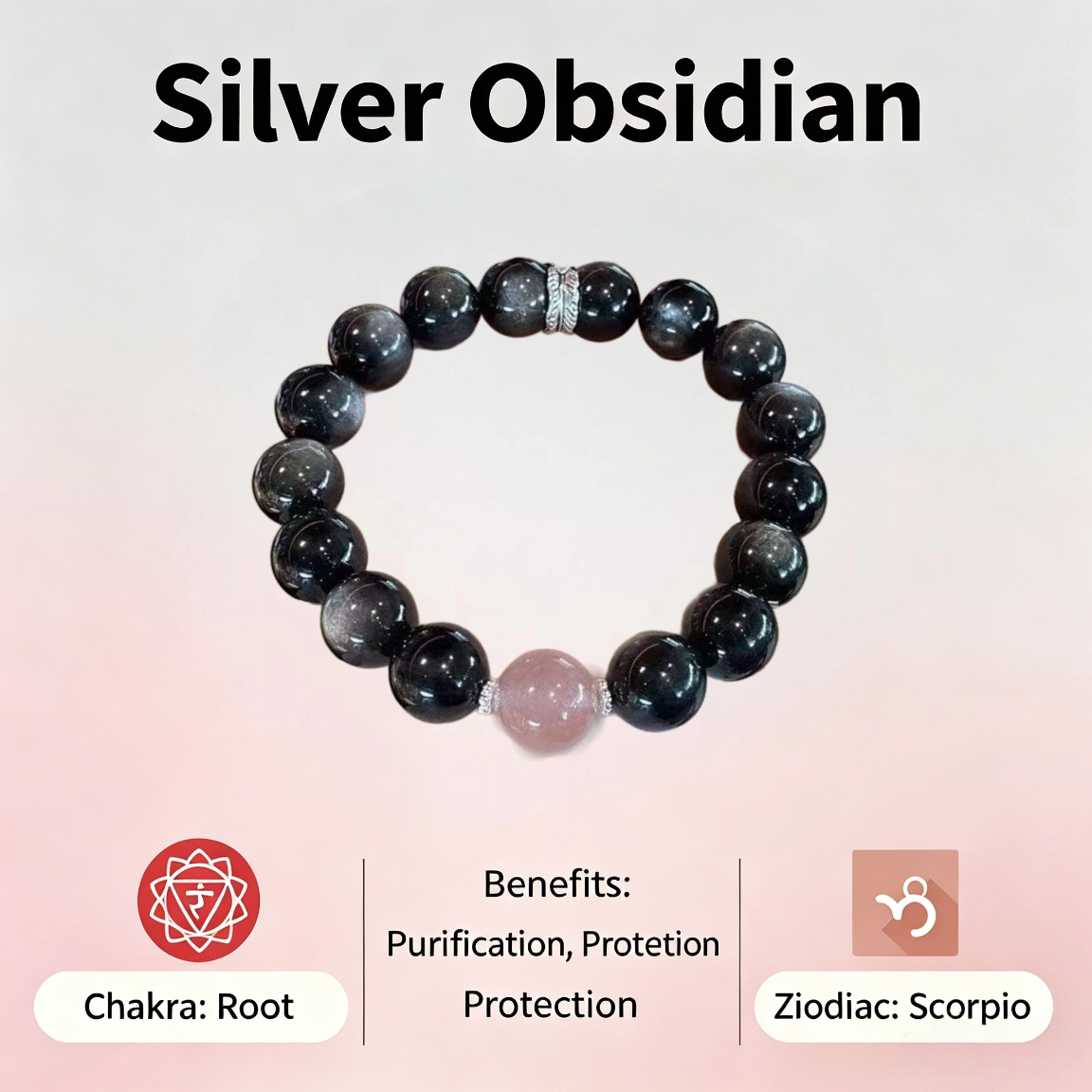 Bracelet de chakra de racine obsidienne en argent - Purification et protection