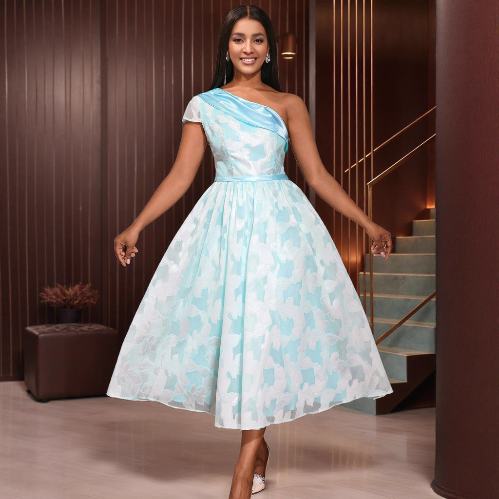 Robe de soirée contrastante oblique pour femmes Jacquard Robe élégante