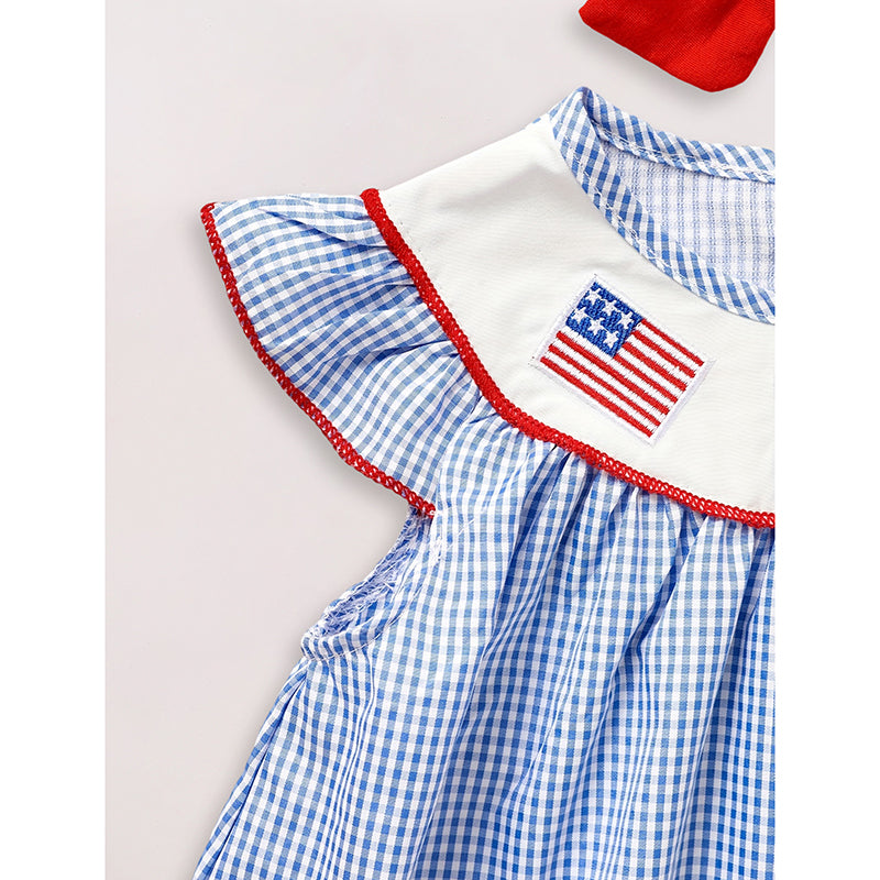 Bébé Filles 4ème De Juillet Robe Gingham American Drapeau Blanc Bleu Couleur Bloc Indépendance Jour