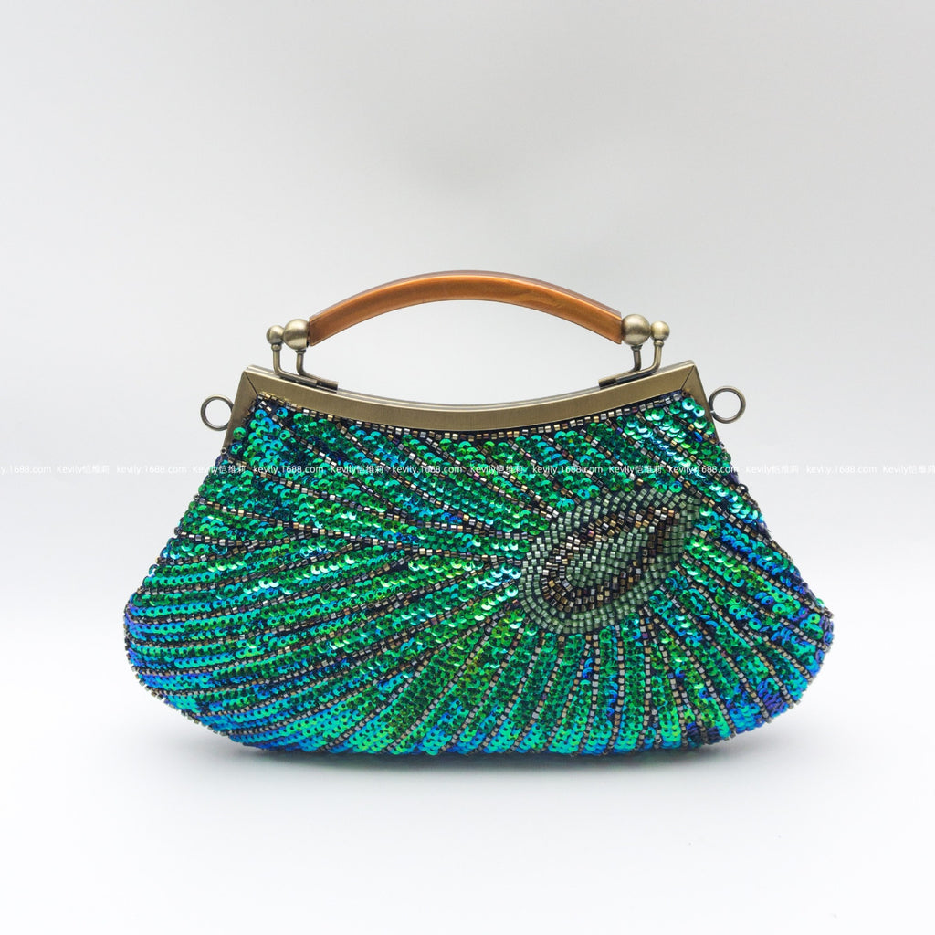 Peacock-feather Perle artisanal vintage sac de soirée