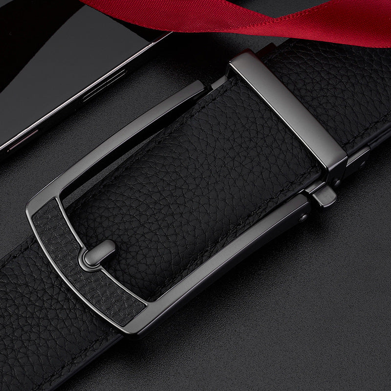 Ceinture en cuir casual avec boucle automatique et motif grain Lychee