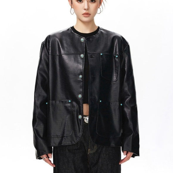 Veste en cuir sans collier pour femmes