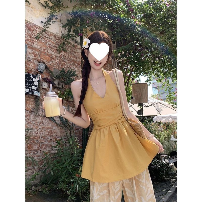 Pantalon d'été bi-pièces à deux manches à cintre jaune