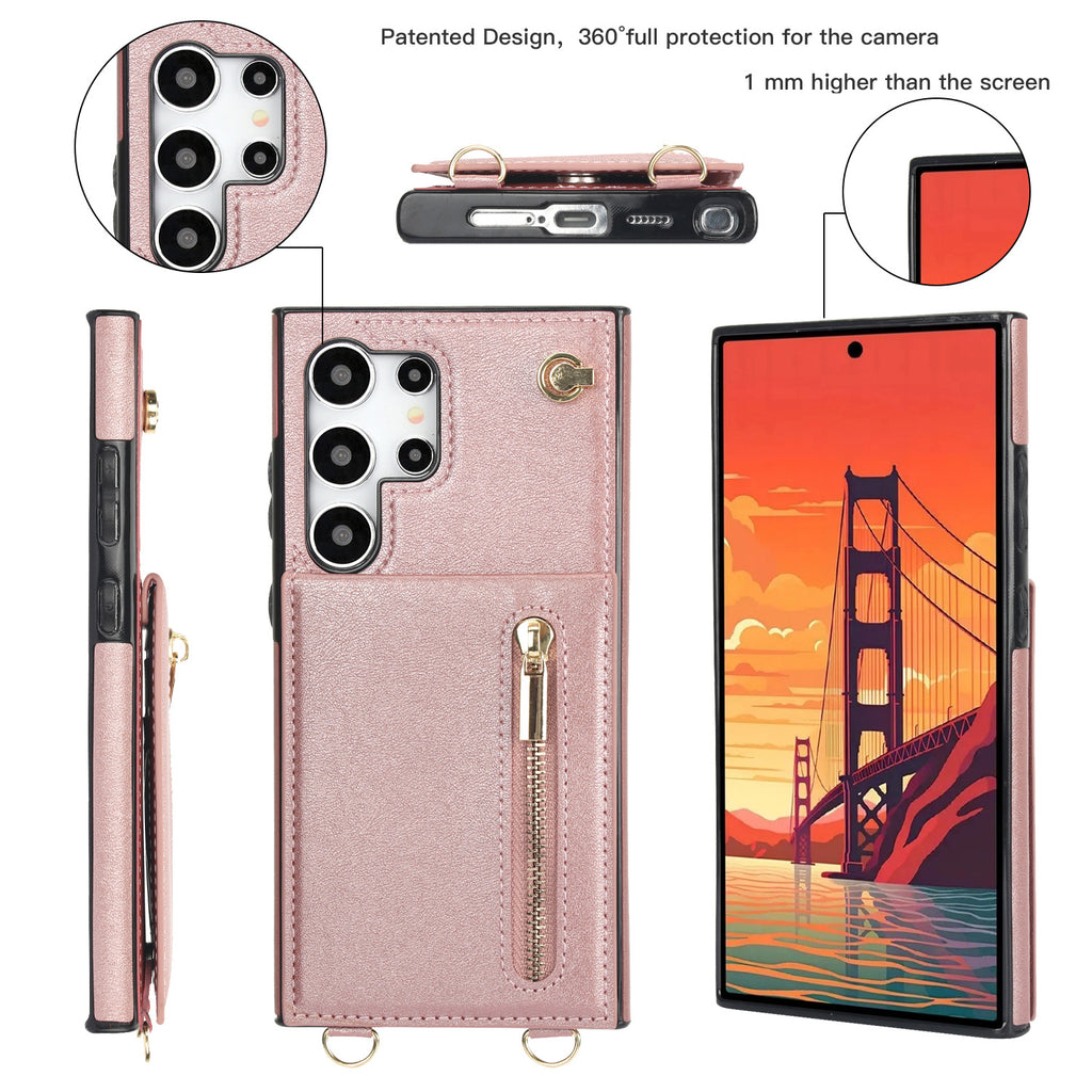 Card Crossbody Zipper Coque de téléphone en cuir