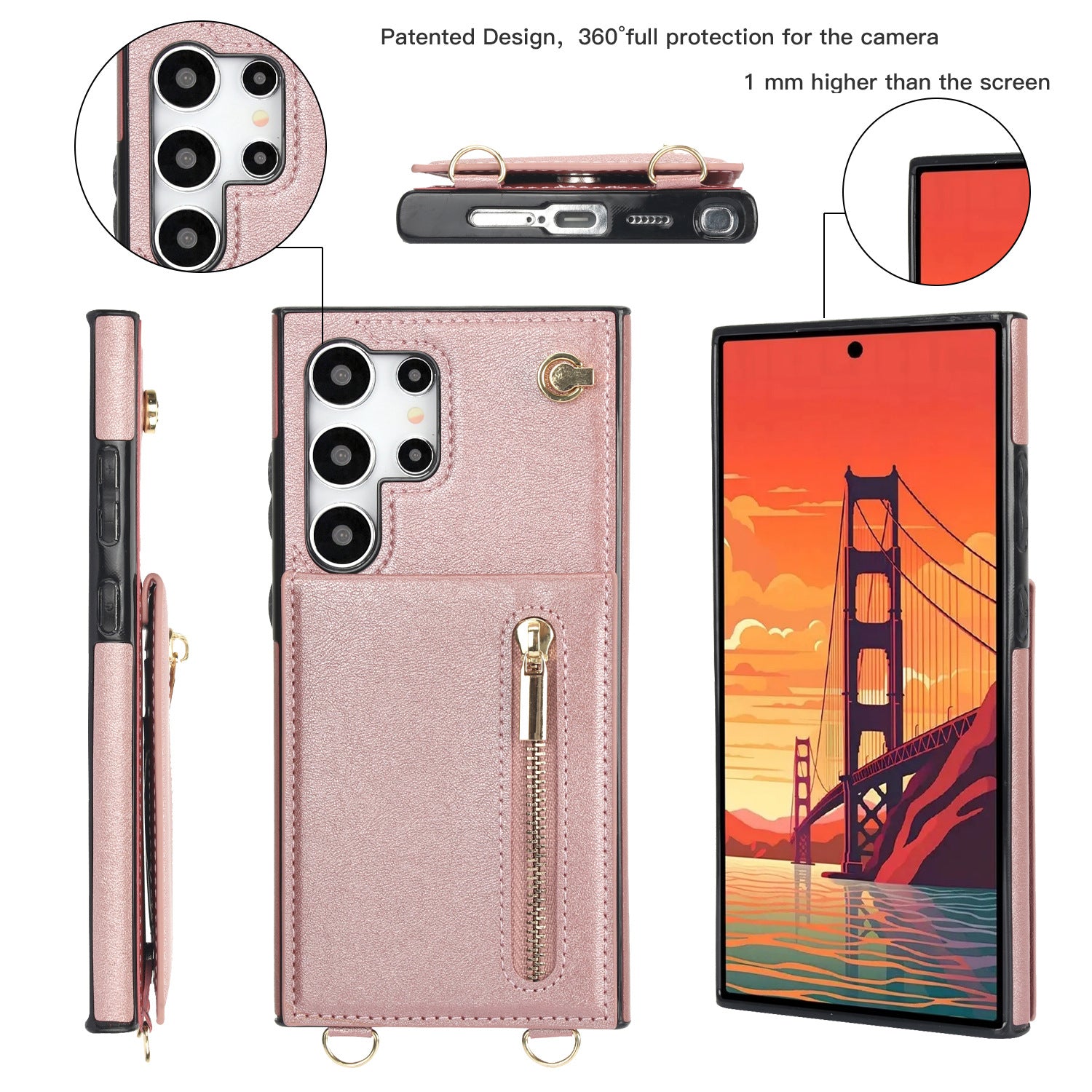 Card Crossbody Zipper Coque de téléphone en cuir