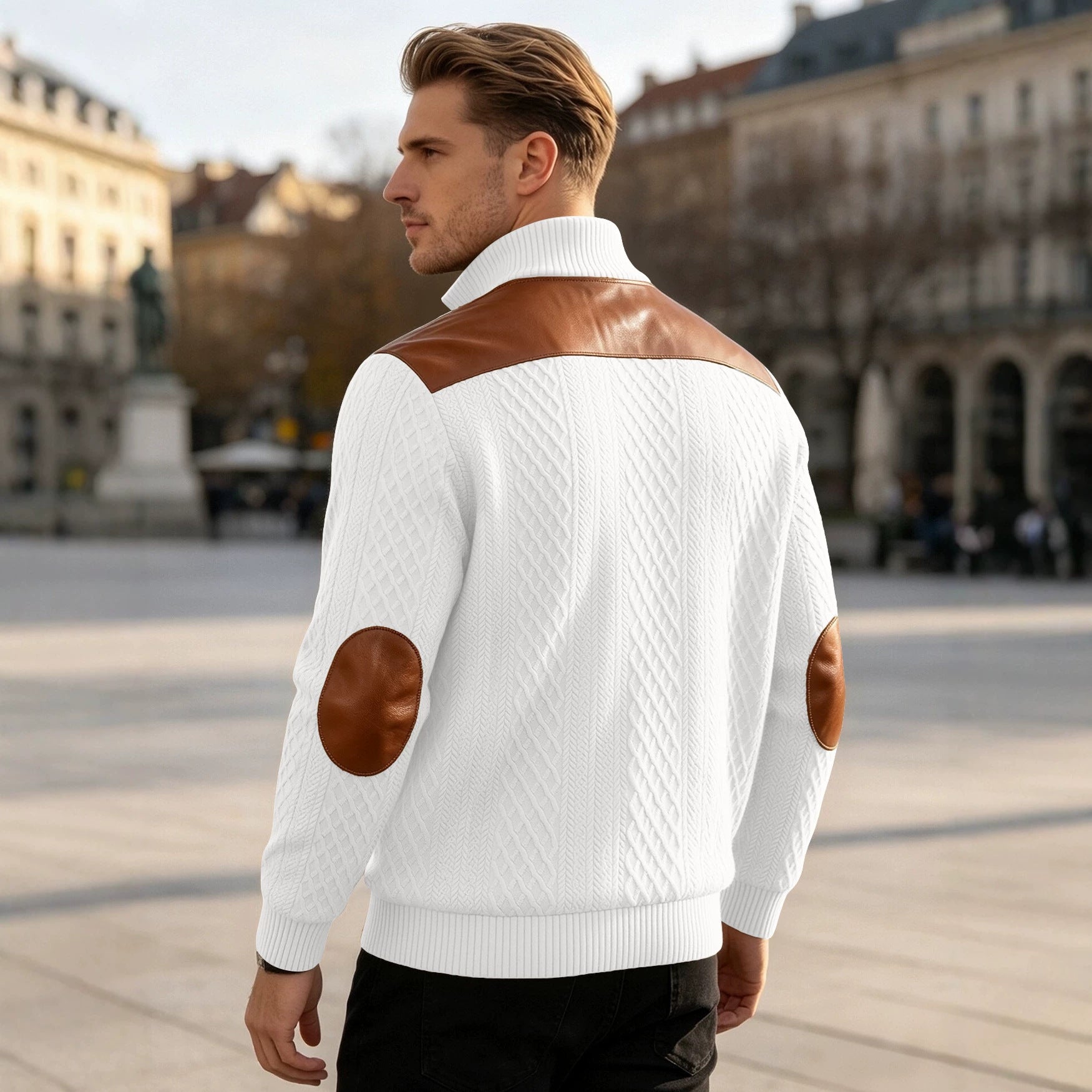 Texturé américain homme Jacquard Collared Knit Sweater avec épaule Patchwork Loose Long-