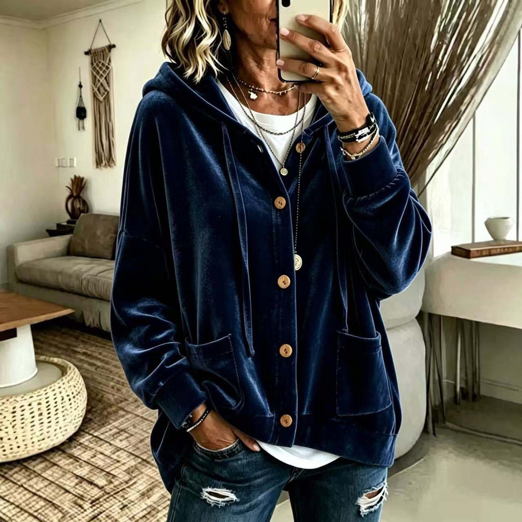 Femmes Automne Veau d'hiver Hoodie Cardigan Bouton avant cordon drawstring manches longues Casual Loose