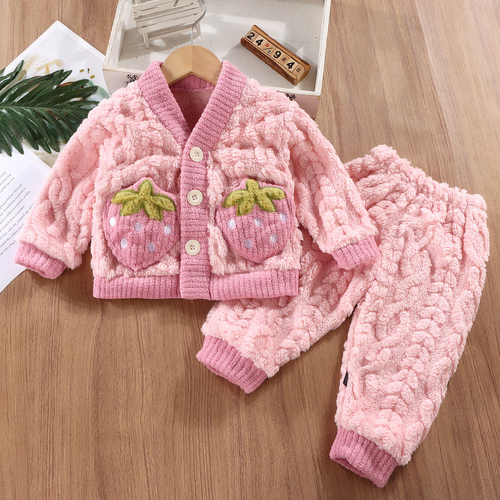 Vêtements de maison pour enfants Garçons et filles Manteau de pyjama en flanelle, épais, chaud, deux pièces