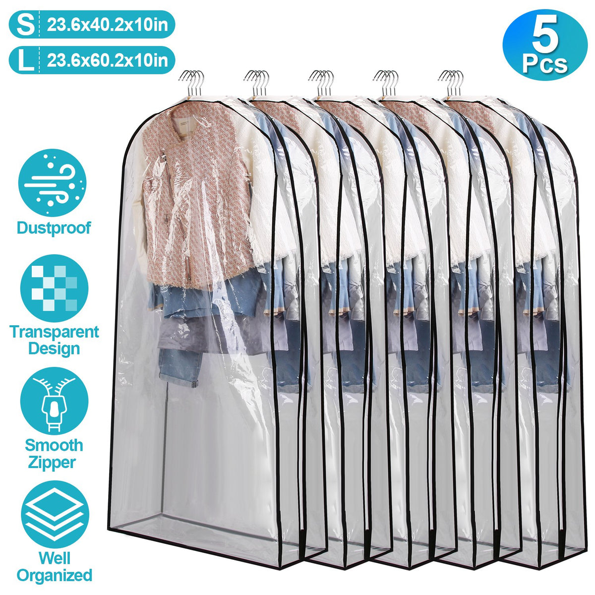 5 Pack 60In OU 40In Options Sac de vêtement pour suspendre des vêtements Organisation Imperméable à la poussière Waterpr