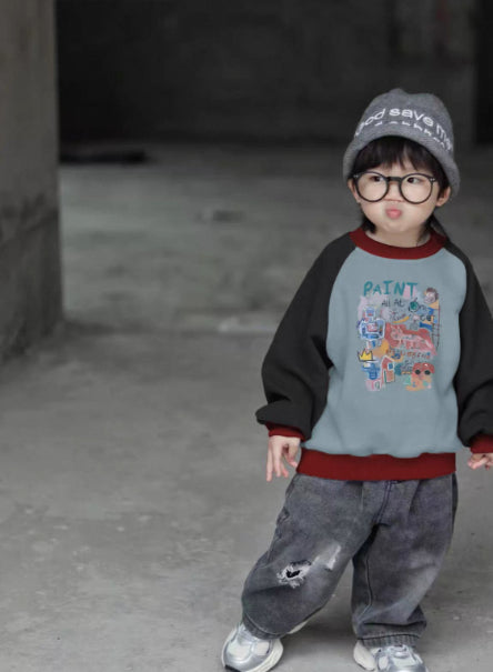 Bloc de couleur Raglan Hoodie pour les parents et les enfants polyvalent et facile à styler