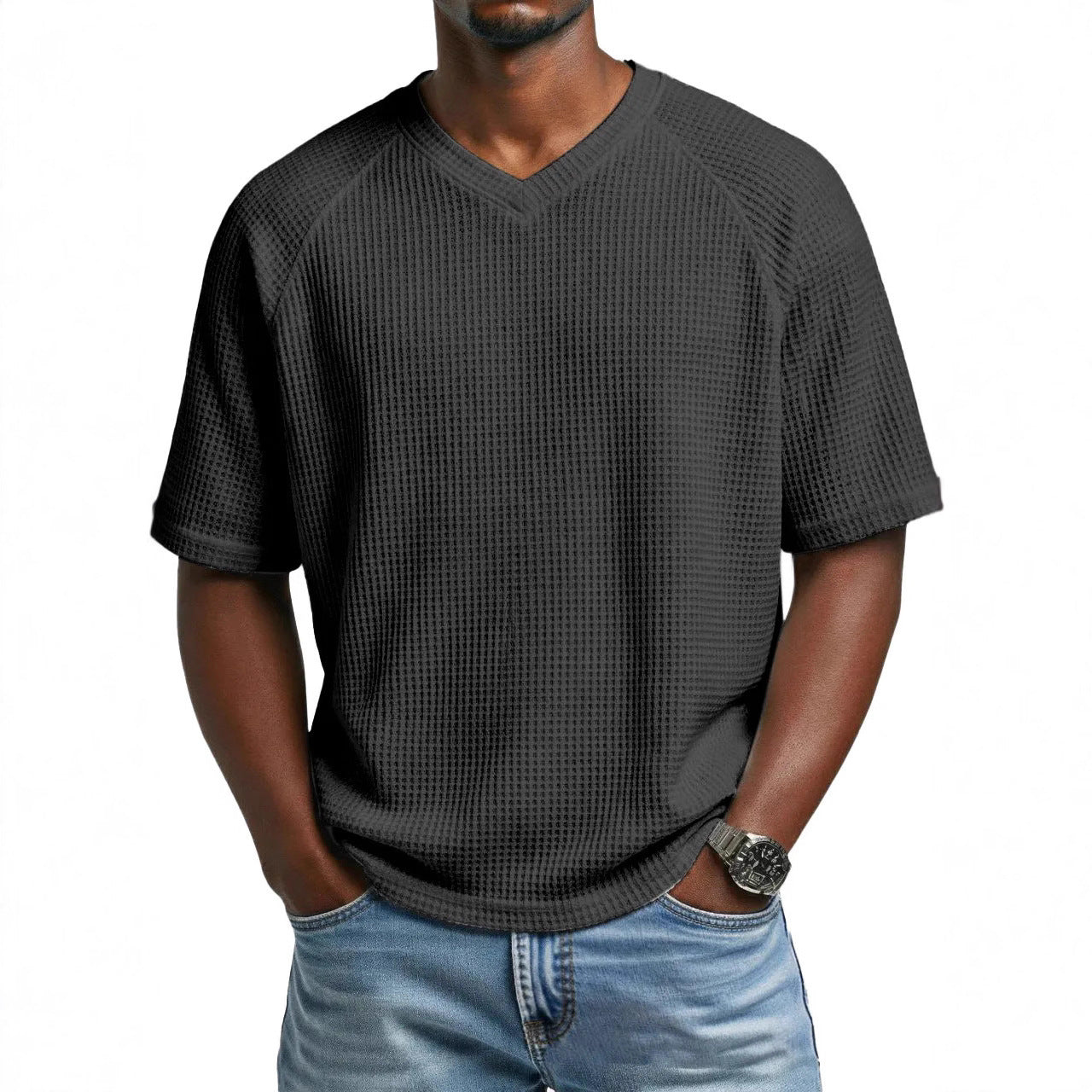 Hommes S Mode Waffle tricot côtelé manches V cou manches courtes T-shirt pour le transport quotidien