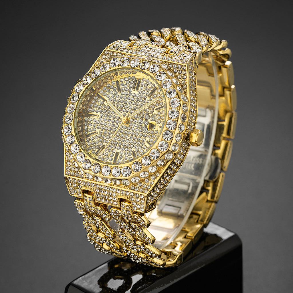 Homme Hip Hop Iced Diamond Mode Cuban Link Chaîne Horloge Quartz