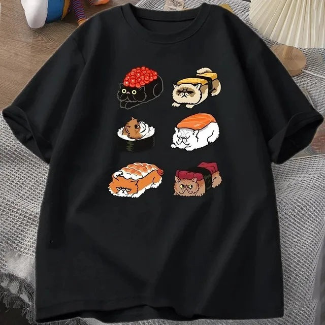T-shirt Kawaii Cute Cat Sushi pour l'été