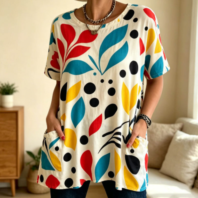Abstract Leaf Imprimer Tunic Top avec des poches pour les femmes matures